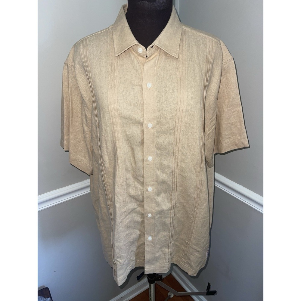 Scotch & Soda Tan Linen Blend Pintuck Guayabera Cuban Resort Shirt Men's XL